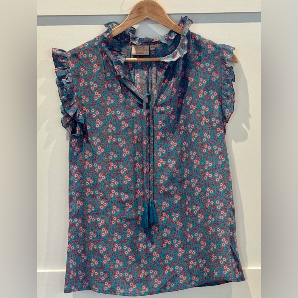Rungolee Women's Silk Ruffle V-Neck Floral Blouse XS Pink Turquoise